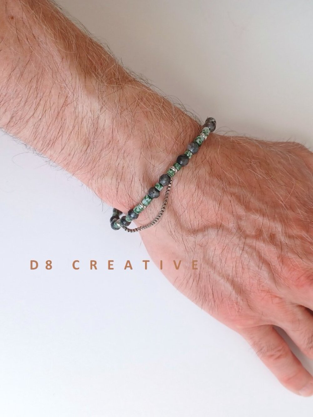 New men's mixed gemstone with silver stainless steel handmade bracelet